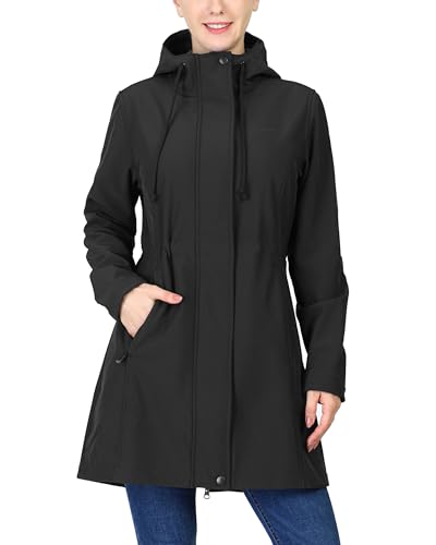 33,000ft Women's Softshell Long Jacket with Hood Fleece Lined Windproof Warm up Waterproof Windbreaker