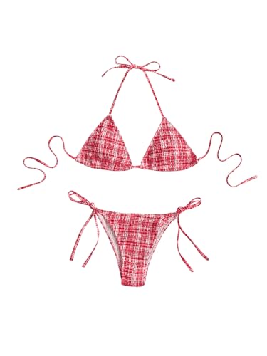 MakeMeChic Women's 2 Piece Bikini Sets Gingham Print Plaid Halter Triangle Tie Side Swimsuit Bathing Suit