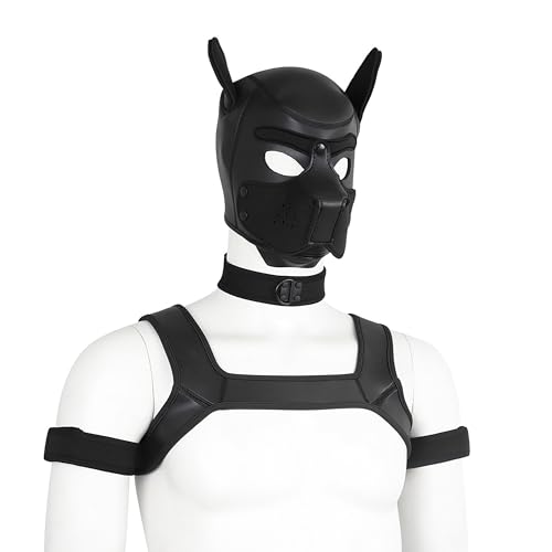 Adult Dog Head Mask Set (Size L) for Cosplay and Roleplay,Neoprene,Pup Masks for Women,Collar Armband and Shoulder Strap Set,Leather Pup Play Hood（Black）