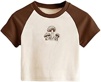 SweatyRocks Women's Graphic Print Round Neck T Shirt Short Sleeve Crop Tee Tops Mushroom Brown S