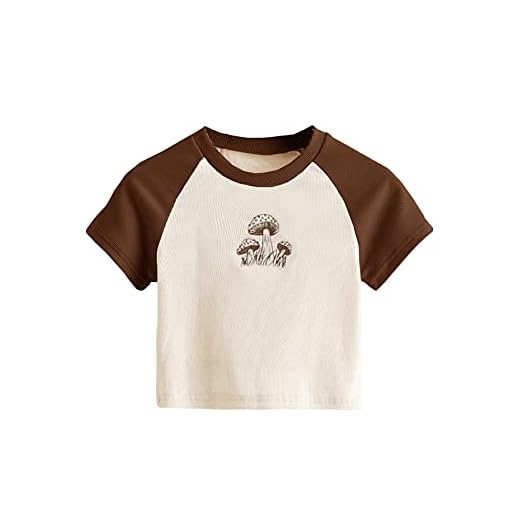 SweatyRocks Women's Graphic Print Round Neck T Shirt Short Sleeve Crop Tee Tops Mushroom Brown S