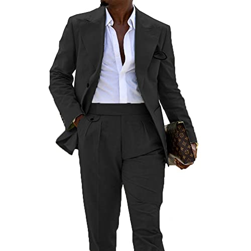 HZUOU Men's Summer Beach Linen Suits 2 Piece Slim Fit Wedding Groom Tuxedo with Peaked Lapel Two Button Prom Suits HZH14