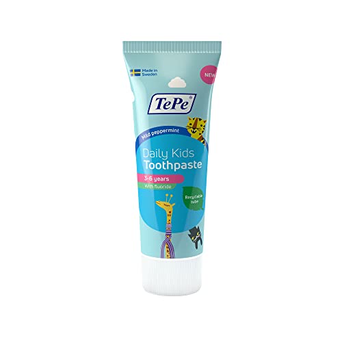 Pasta dental TePe Daily Kids, menta suave, 3-6 años, pasta dentífrica con flúor de uso diario para prevenir caries en niños, nivel de flúor adecuado para la edad