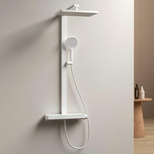 EMKE Duschsystem mit Thermostat – 36 x 24 cm Regendusche mit Armatur, Duschset mit 40 cm Glasablage & Handbrause (4 Strahlarten), höhenverstellbar Komplettset mit Regendusche, Weiß Matt