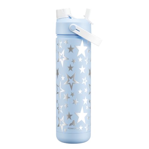 POWCAN 26 oz Insulated Water Bottle with 2-in-1 Straw and Spout Lid, Keep Cold 24H, Leak-Proof, Fits in Car Cup Holder, Stainless Steel Water Bottle for Sports, Travel, Gym, and School (Silver Sky)