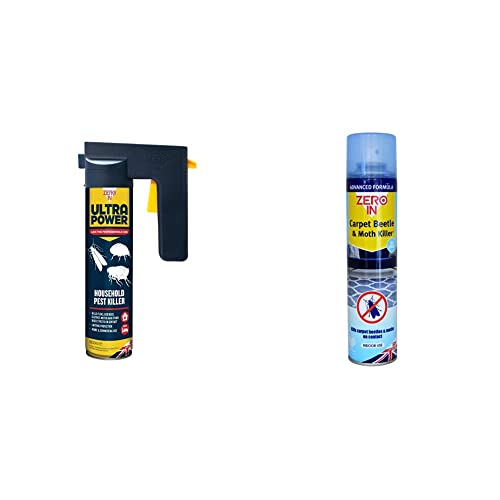 Zero In ZER558 600 ml Ultra Power Household Pest Killer, Blue & ZER977 Carpet Beetle and Moth Killer 300ml Aerosol (for Carpets, Upholstery and Surfaces)