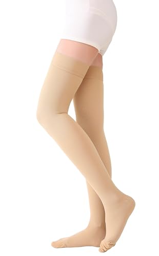 Image of TOFLY Thigh High Compression Socks for Women & Men, Closed Toe 15-20mmHg Graduated Medical Compression Stockings with Silicone Band, Opaque Support Stockings for Varicose Veins, Edema, DVT,Beige M