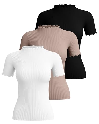 Huukeay 3 Pack Women's Mock Turtleneck Short Sleeve Tops Cotton Ribbed Lettuce Trim T Shirts Slim Fit Casual Base Tee2
