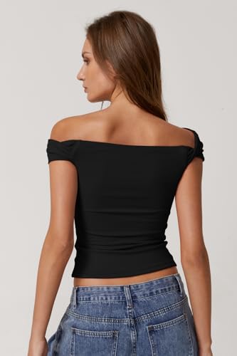 QINSEN Womens Twisted Off The Shoulder Tops Double Lined Short Sleeve T Shirts Slim Fitted Stretchy Tee3