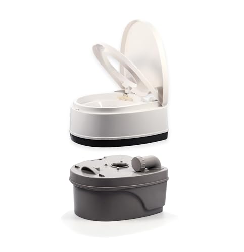 Camco Premium Portable Travel Toilet With Three Directional Flush and Swivel Dumping Elbow | Designed for Camping, RV, Boating And Other Recreational Activities - (5.3 gallon) (41545),White