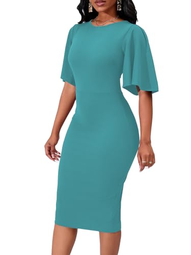 Image of Bdwinz Women's Basic Bodycon Ruffle Flared Short Sleeve Pencil Midi Dress