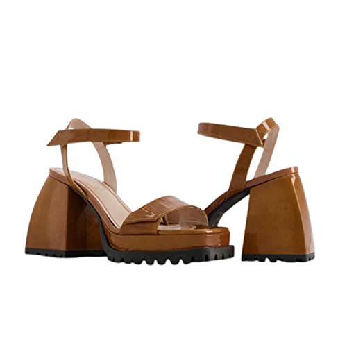 CHENSKN Frauen mit hoher Absatz Sandalen, 9 cm Mode echte Leder -Quadratzes Retro Dicke Boden wasserdichte Plattform Pumpe Knöchelgurt Offene Zeh