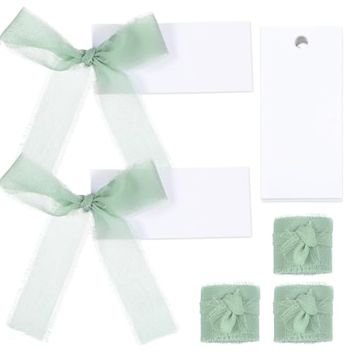 50 Pcs Name Place Cards for Table Setting, Blank Wedding Place Cards with Chiffon Ribbon Hanging Gift Tags for Wedding Party Event 3.54x1.57 Green
