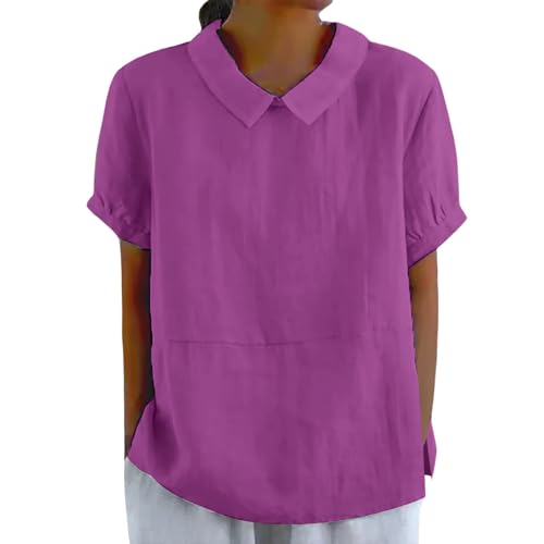 Cute Cotton Linen Shirts for Women 2026 Spring Short Sleeve Casual Blouses Peter Pan Collared Work Vintage Tunic Tops Oversized Clothes Dressy Beach Vacation Cruise Outfits Hot Pink Small