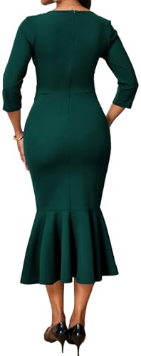 Image of VisiChenup Elegant Dress for Women V Neck Long Sleeve Midi Fishtail Dress | Elegant Dress for Women Long Sleeve Wedding Guest Cocktail Bodycon Dresses with Zipper