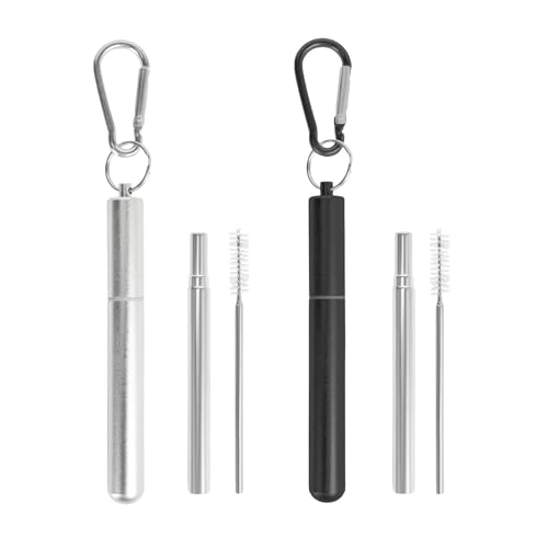 Foweroty 2 Pack Metal Straws for Cruise Ship Essentials, Travel Essentials, Reusable Straws with Aluminum Case, Cleaning Brush, and Keychains(Black)(Silver+Black)
