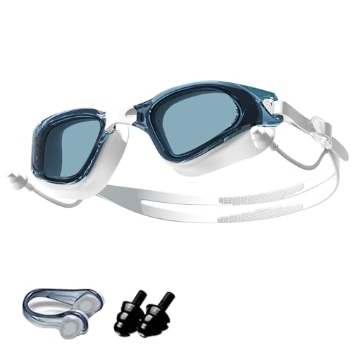 CALLYSONIC Occhialini da nuoto per adulti, con clip per naso e tappi per le orecchie, anti-appannamento HD e impermeabile, attrezzatura galleggiante, occhialini da nuoto per uomo e donna (bianco-N)