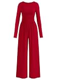 PRETTYGARDEN One Piece Jumpsuits for Women Dressy Casual Long Sleeve Crewneck Wide Leg Overalls Rompers Spring Beach Vacation Outfits 2026 (Red, M)