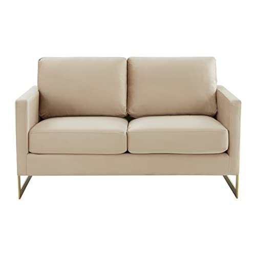 Leisuremod Lincoln Modern Mid-Century Upholstered Velvet Loveseat With Gold Frame, Beige #TOP3