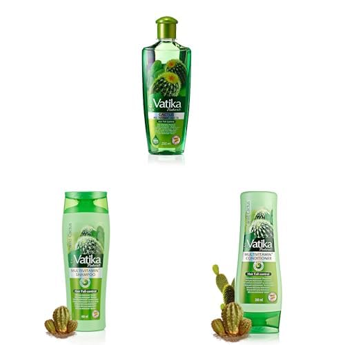 Vatika Naturals Wild Cactus Enriched Hair Oil (200ml) + Shampoo (400ml) + Conditioner (200ml) Set For Hair Fall Control, With Goodness Of Cactus, Garlic, Ghergir, Blended With Vital Multivitamins