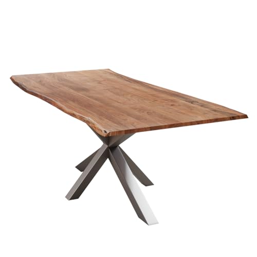 Liadomo Esstisch 120x80 Isa Nuss, Baumkantentisch, Akazie Massivholz Tisch, 26mm Tischplatte Lackiert, Robust & Pflegeleicht, Unikat, Spider-Gestell Metall Silber