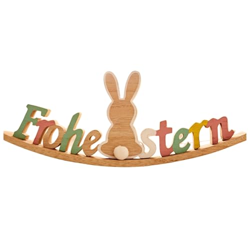 3 Pagen® Deko Aufsteller Frohe Ostern, Deko Schriftzug für Ostern, süße Osterdekoration aus Holz, Osterdeko zum Aufstellen, Tischdeko mit Osterhasen zum Hängen und Aufstellen, 23 x 9 x 2 cm