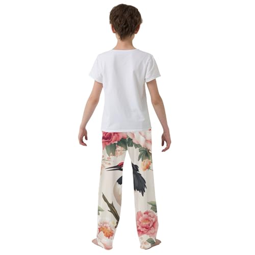 Crane Birds Peonies Boys Long Pants Soft Trousers Elastic Waist Kids Lounge Bottoms with Pockets S-XL3
