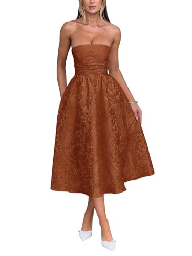 Strapless Jacquard Floral Satin Prom Dresses Formal Corset A Line Tea Length Evening Party Gowns