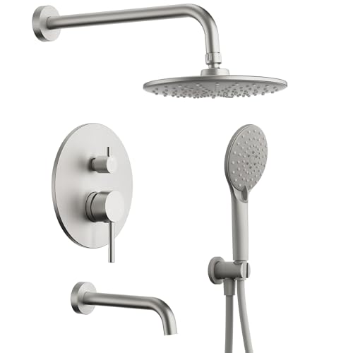Sistema de ducha Rainfall con rociador de mano, conjunto de grifería para baño de pared de alta presión de 9" con caño para bañera, acabado níquel cepillado miniatura 1
