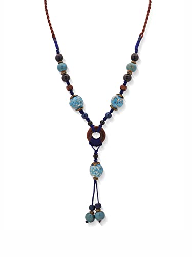 MINACHI Boho Hippie Colorful Ceramic Beads Strand O Ring Circle Charm Long Y Necklace, Vintage Bohemian Statement Jewelry Gift for Women