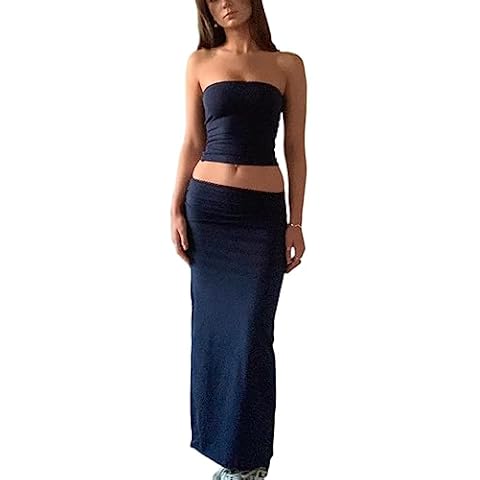 Vintage Lace Maxi Skirt Set Women 2 Piece Outfit Strapless Split Tube Top and Maxi Skirt Set Summer Going Out Streetwear (Tube-Black, S) Cover