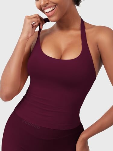 Image of YEOREO SoftHue Women's Impact Halter Tank Top Longline Backless Scoop Neck Built-in Bra Sports Workout Gym Crop Top