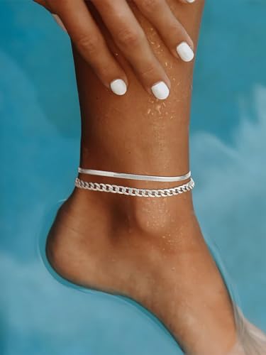 Image of FOCALOOK Anklet Bracelets Set for Women, 14K Gold Plated Waterproof Cuban Link Chain Layered Anklets Set for Plus Size Ankle 8-10.5 Inch Adjustable Summer Beach Jewelry Gift
