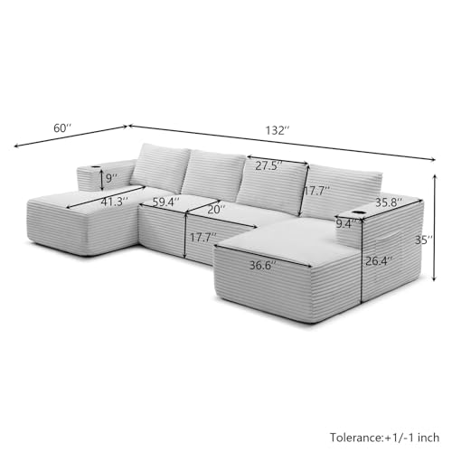 132" Modular Sectional Sleeper Sofa, Boneless Cloud Couch for Living Room, U Shaped 5 Seat Sofa with 2 Cup Holders, Free Combination, No Assembly Required (Grey) - Image 3