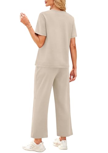 Image of WIHOLL 2 Piece Sets for Women Casual Summer Travel Vacation Outfits Short Sleeve Wide Leg Crop Pants Lounge Sets