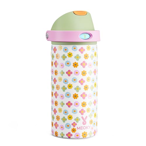 Image of 18 oz Kids Water Bottle for School: Meoky 18 oz Stainless Steel Insulated Water Bottle with 2-in-1 Straw and Spout Lid - Leak Proof, Fits in Car Cup Holder, BPA-Free for Teen Girls, Rainbow Blooms