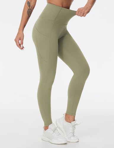 Image of THE GYM PEOPLE Thick High Waist Yoga Pants with Pockets, Tummy Control Workout Running Yoga Leggings for Women