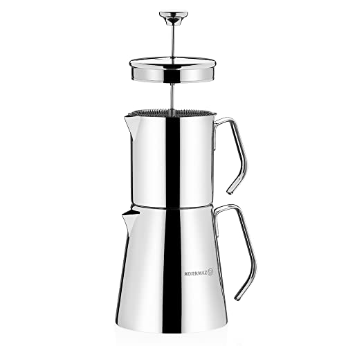 korkmaz A225 Aqua Turkish Teapot Set,18/10 Stainless Steel Double French Press Teapot Set with Metal Handles, Samovar Style Tea Kettle with 30 Oz (900ml) & 50 Oz (1500ml)