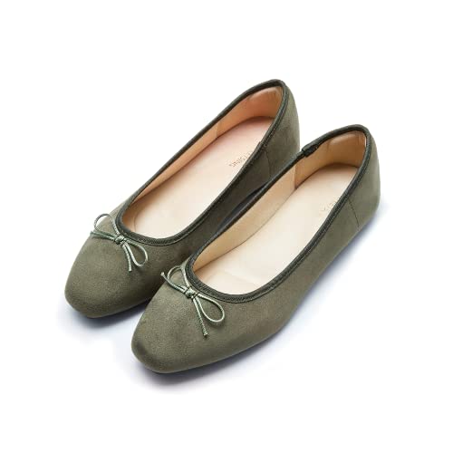 AFEETSING Women's Round Toe Ballet Flats Comfortable Bow Dressy Flats Shoes for Women (A-Olive Green, Numeric_8)