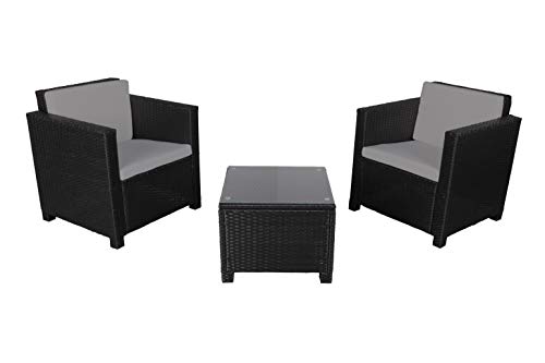 BENEFFITO Matira - Muebles de Jardín de Resina Trenzada - 2 Sillones, 1 Mesa Baja Cuadrada 50x50 cm - Cojines de Asiento y de Respaldo Mullidos - Resistente a la Intemperie - 2 Plazas - Negro Gris
