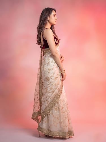 Image of 'Women's Space Sattin Bits Sequence Work Saree With Contrast Running Blouse | Embroidered Work Saree with Golden Floral Thread Work & Designer Border | Party Wedding Saree