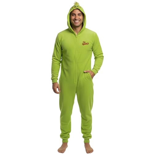 sarcia.eu Grinch Einteiler aus Fleece Warmer Herren-Onesie mit Kapuze weihnachtlicher Pyjama mit Reißverschluss (DE/NL/SE/PL Alphanumerisch S M Regular Regular Grinch)