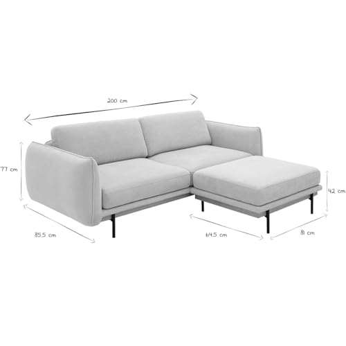 Divano Design 3 Posti E Poggiapiedi In Tessuto Ciniglia Beige E Metallo Nero Todd - 2