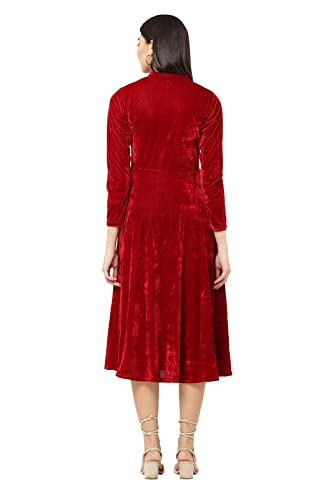 Image of Women's Midi Velvet Short DressWith Band Collar and Sleeve