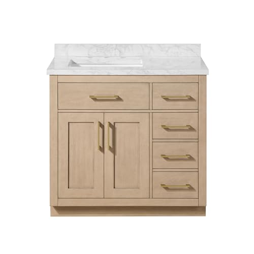 Image of OVE Decors Athea 36 in. Single Sink Freestanding Sahara Birch Bathroom Vanity with White Engineered Marble Top, Matching Backsplash, Power Bar and Brushed Gold Hardware