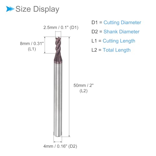 Image of Square Nose End Mill, 2.5mm x 8mm Cutting 4mm Shank, AlTiN Coated M30 Micro Grain Carbide 4 Flutes CNC Router Bits - (Applications: for Milling Stainless Steel Hardened Steel)