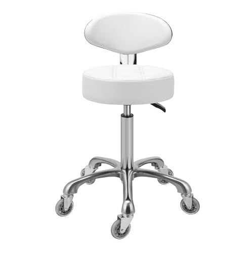 Image of Kaleurrier Rolling Stool with Back Support: Adjustable Height 22-30 inches for Nail Lash Tech Stylist - Heavy Duty Stool Chair with Wheels for Salon Shop Office Kitchen Garage White