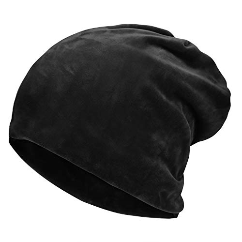 Komene Flannel Slouchy Beanie Hat Adjustable Winter Hats with Double Layers Super Warm Skull Cap Velvet Hat for Men and Women Black