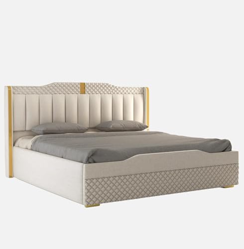Image of Modern Upholstered Queen Size Bed with Storage | Double Bed with Box Storage & Upholstery Premium Fabric Headboard | Platform Bed for Bedroom & Hotel | Sheesham Wood | White, 6.5 x 5 Ft
