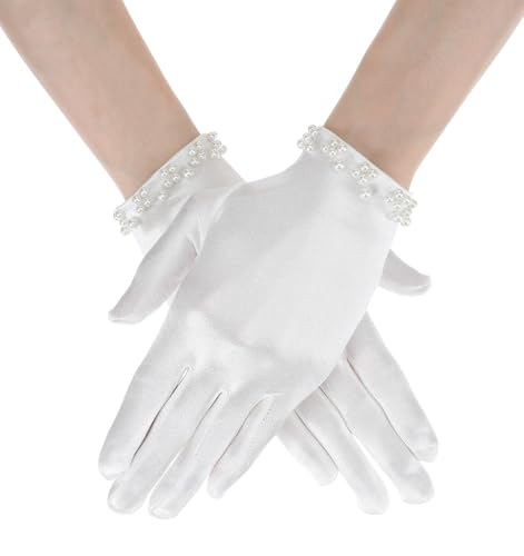 ValueBargain Short White Satin Gloves with Pearls, Stylish Wrist Length Gloves for Bridal Parties Dinner Events and Vintage Costume Attire